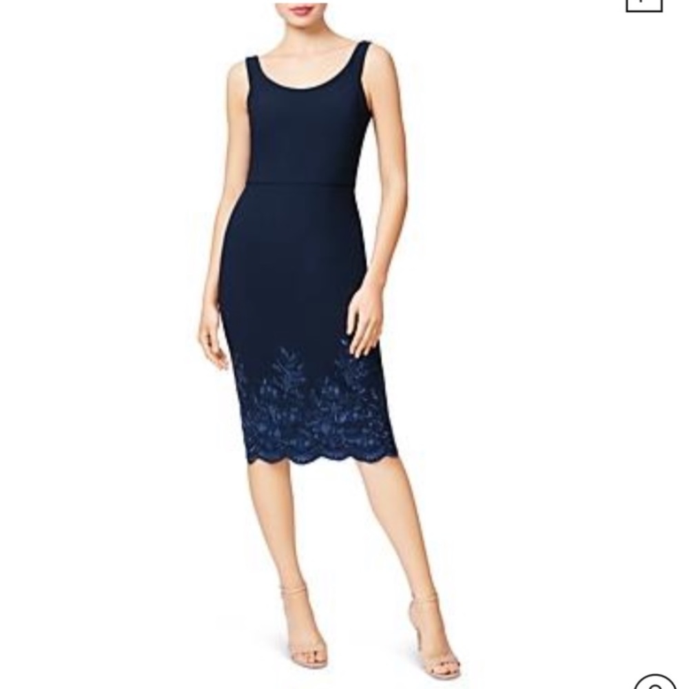 BETSEY JOHNSON EMBROIDERED SCUBA CREPE MIDI DRESS IN NAVY